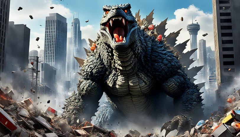 Godzilla standing tall amidst a destroyed cityscape, paying homage to the original 1954 film.