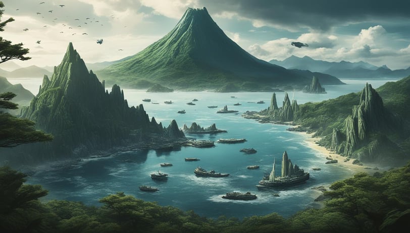 Odo Island, a mountain landscape with a mountain range and a boat
