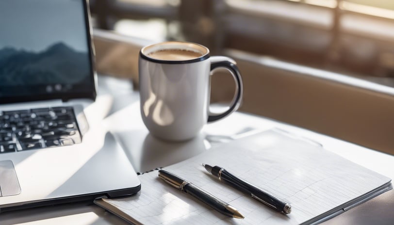 a laptop computer and a cup of coffee on a desk