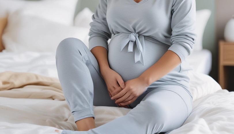 A pregnant woman is gently holding her bare belly with both hands. She is wearing a black lacy bra and an open black robe. The background is softly blurred, with a light, neutral tone.