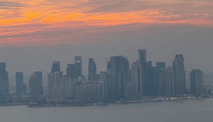 Sky line view of Doha, Qatar at sunset