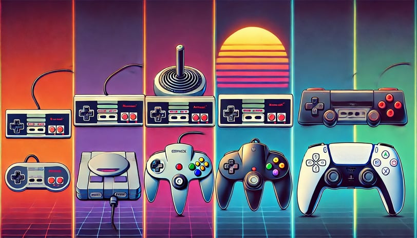 a evolução ergonômica dos controles de videogame, desde o Atari 2600 até o DualSense do PS5.
