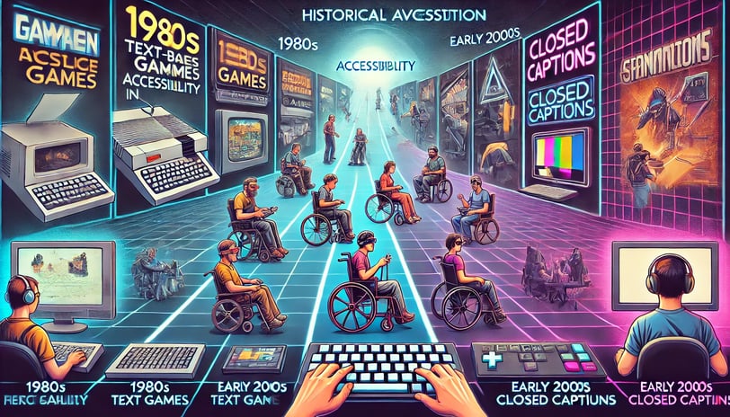 linha do tempo mostrando a evolução histórica da acessibilidade nos jogos, destacando recursos