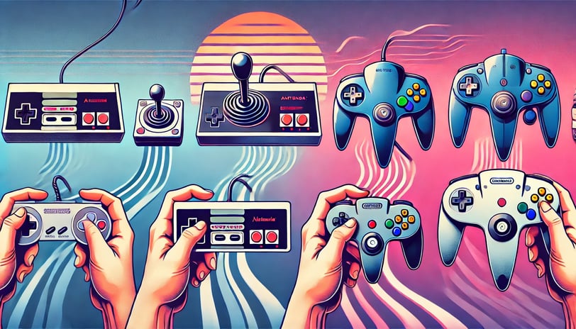 a evolução ergonômica dos controles de videogame, desde o Atari 2600 até o DualSense do PS5.