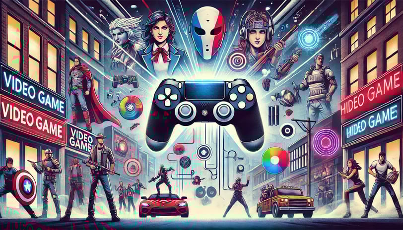 controle cercado por personagens de jogos, cultura pop e esports, representando o impacto social 