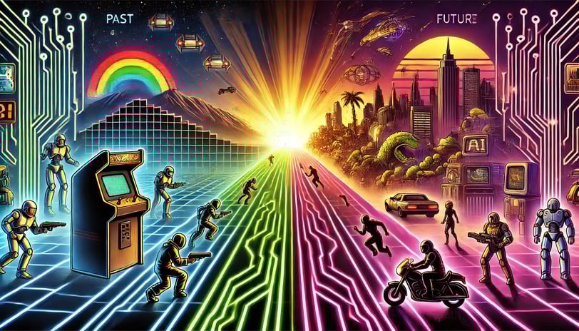 conclusão sobre a evolução da IA ​​nos jogos, com elementos do passado, presente e futuro.