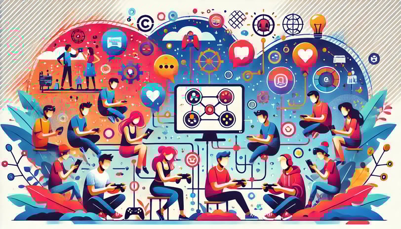Representação de avatares interagindo em um ambiente digital com elementos de cooperação e conversa.