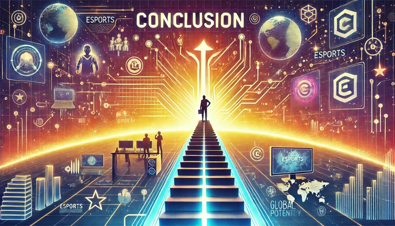 Caminho ascendente com elementos representando jogadores, tecnologia e conexões globais