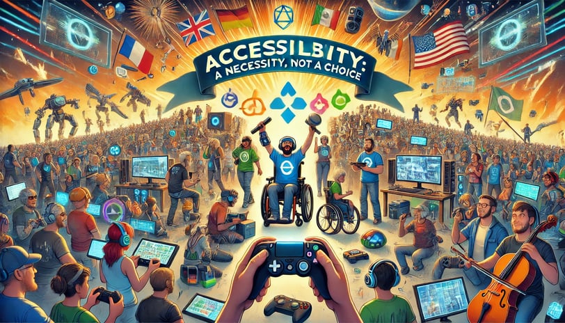 comunidade global celebrando a acessibilidade nos jogos, com ferramentas adaptadas e um banner desta