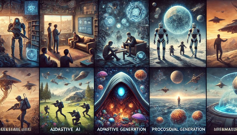 Ilustração horizontal representando características avançadas da IA ​​em jogos, com NPCs independent