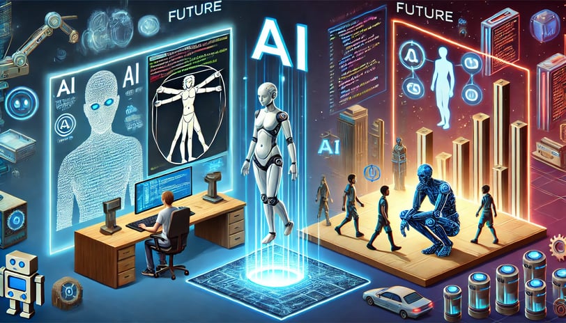 Ilustração futurista sobre desafios e o futuro da IA ​​nos jogos, com desenvolvedores, dilemas ético
