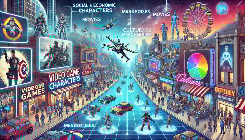 Personagens fictícios de videogames aparecem como marcas em painéis publicitários, vitrines de lojas