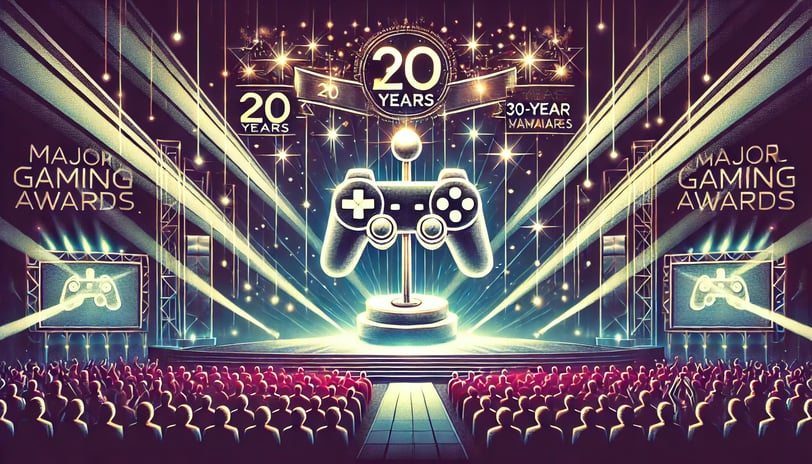 Palco iluminado com troféu em formato de joystick, banners comemorativos e uma placa vibrante.