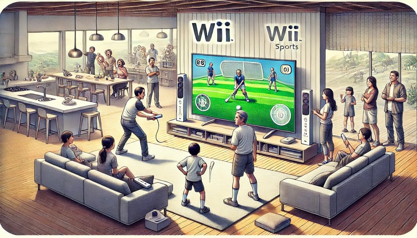 Cena moderna com jogadores usando controles Wii Remote, jogando em uma TV de tela plana, com familia