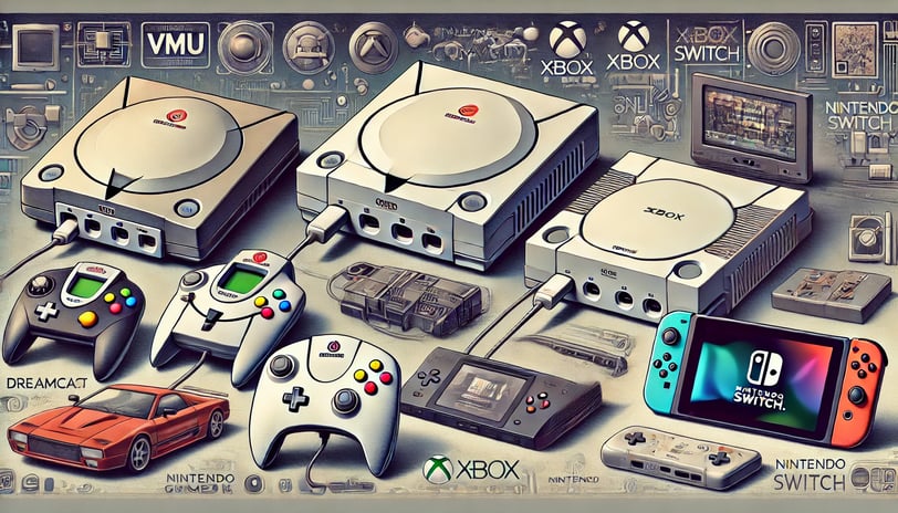 Dreamcast com VMU, Xbox destacando recursos online, e Nintendo Switch nos modos dock e portátil.
