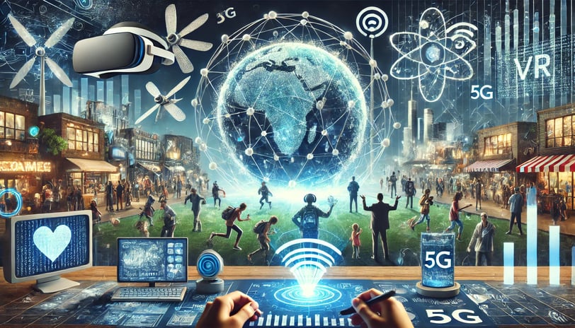 Tecnologias futurísticas de VR e AR com dispositivos holográficos, IA adaptativa e mercado digital 