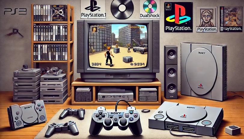 Sala dos anos 1990 com PlayStation 1, TV exibindo gráficos 3D genéricos
