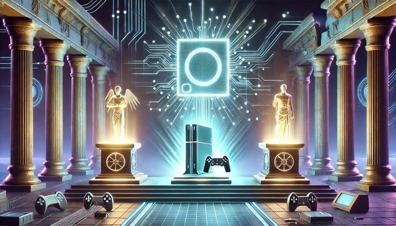Três relíquias estendidas em pedestais representando uma trilogia de jogos remasterizados,.