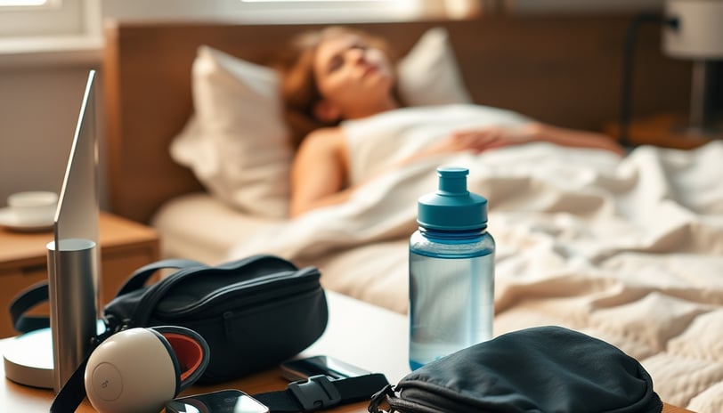 "A neatly organized bedside table with a perfectly laid out gym kit, water bottle, and contact lens 