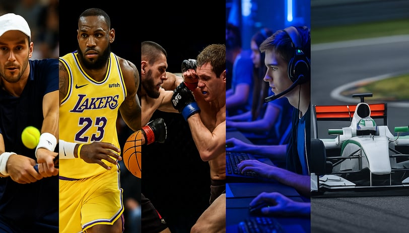 Montagem com cinco seções ilustrando tênis, basquete, MMA, eSports e corridas.