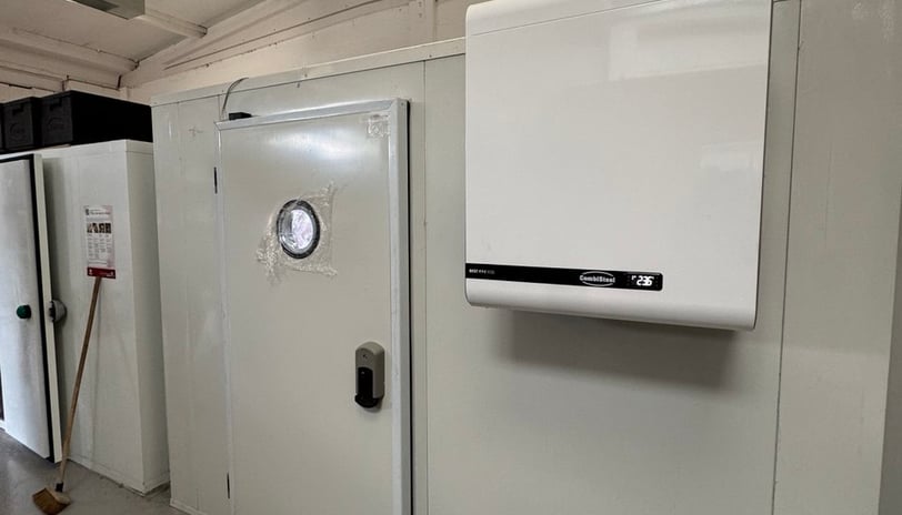 Walk-in freezer with straddle unit installed in a commercial facility in Birmingham, UK