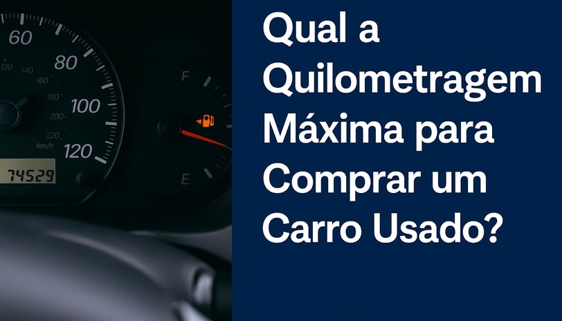 Painel de carro com hodômetro marcando 74.529 km e luz de combustível acesa, ao lado do texto “Qual