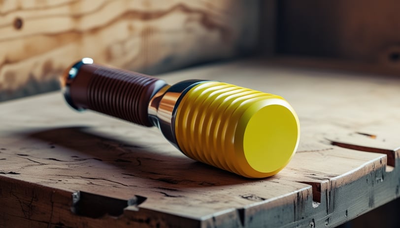 A high-quality photo of a rubber mallet on a wooden workbench, showcasing its non-marring head and ergonomic handle design.