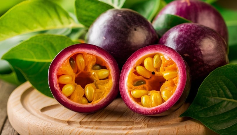 Passion fruits are shown on a wooden board