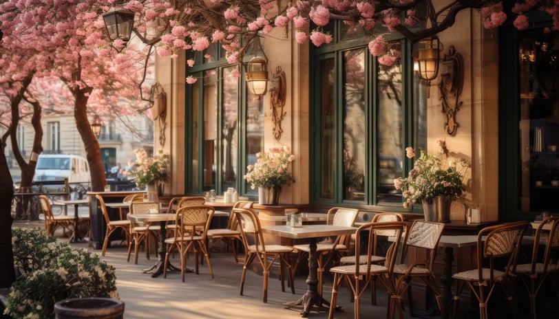A classic Parisian cafe in the spring morning.