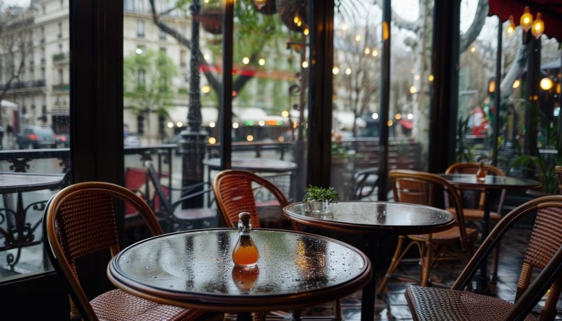 Empty tables waiting for customers in a parisian cafe on a rainy day