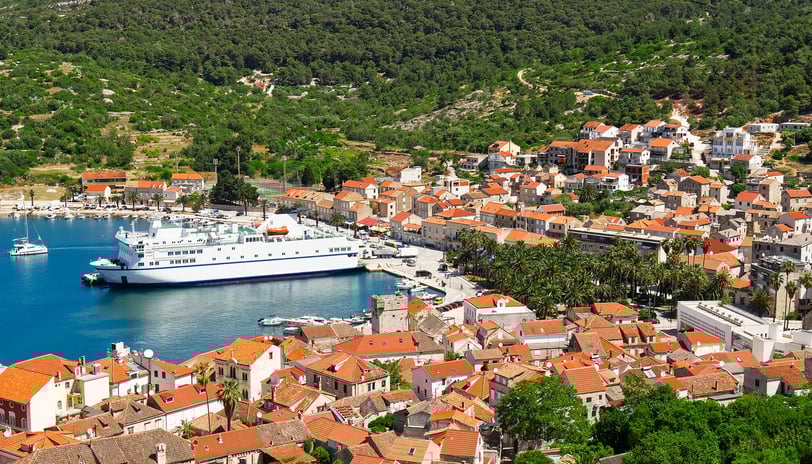 Island of Vis bay aerial drone view , Croatia.