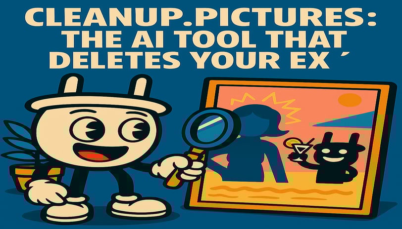 Cartoon-style illustration of Plugsy, a cheerful plug character, using a magnifying glass to erase a