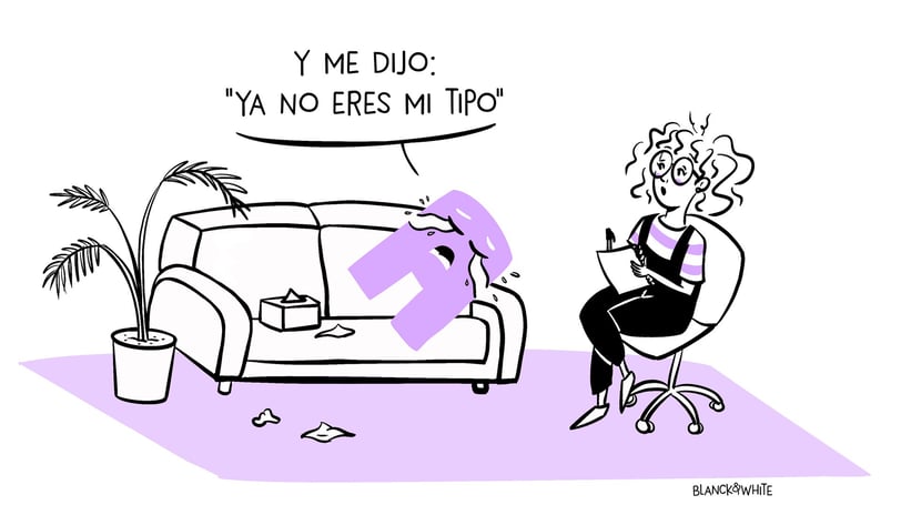 ilustración de Blanca en una sesión de terapia con la letra A para ilustrar el concepto de psicología tipográfica