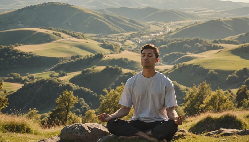 a man sitting in a meditation position on a mountain