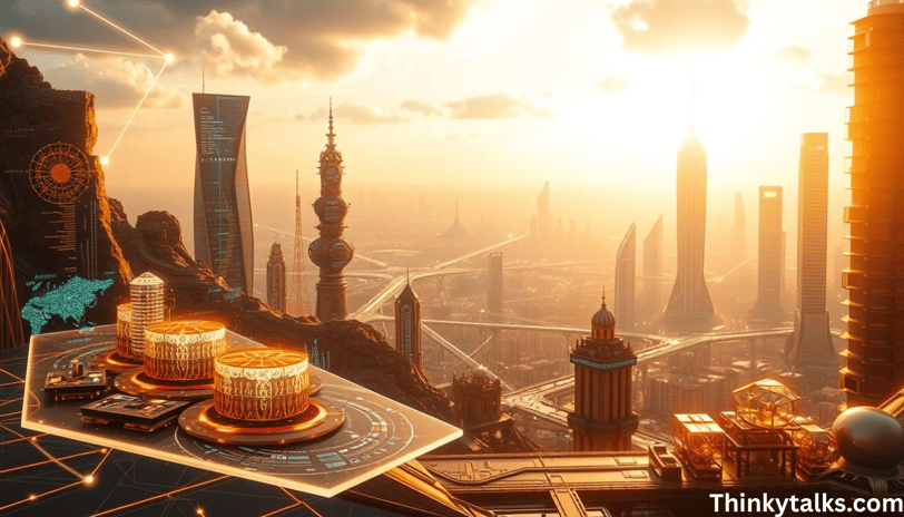 Futuristic cityscape with towering skyscrapers and glowing tech interfaces at sunset. Futuristic cityscape shows the digital 