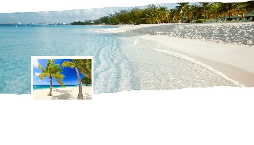 Vista panorâmica de Grand Cayman com mar cristalino, faixa de areia clara e vegetação tropicall.