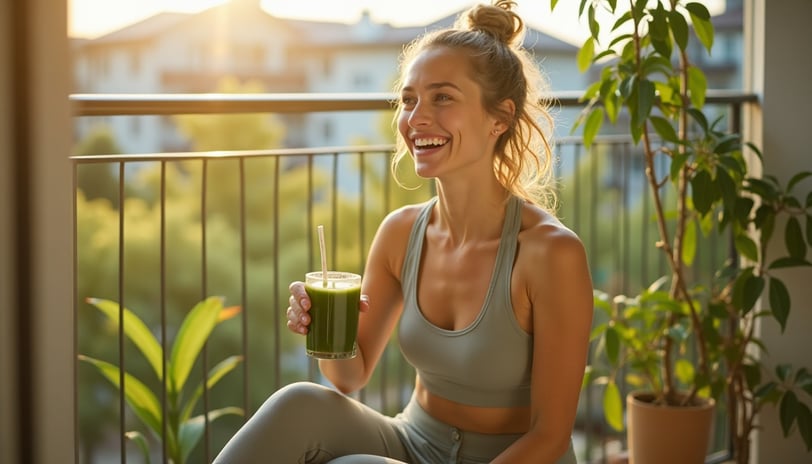 Woman in gray workout outfit sits on a balcony, smiling and holding a glass of green smoothie