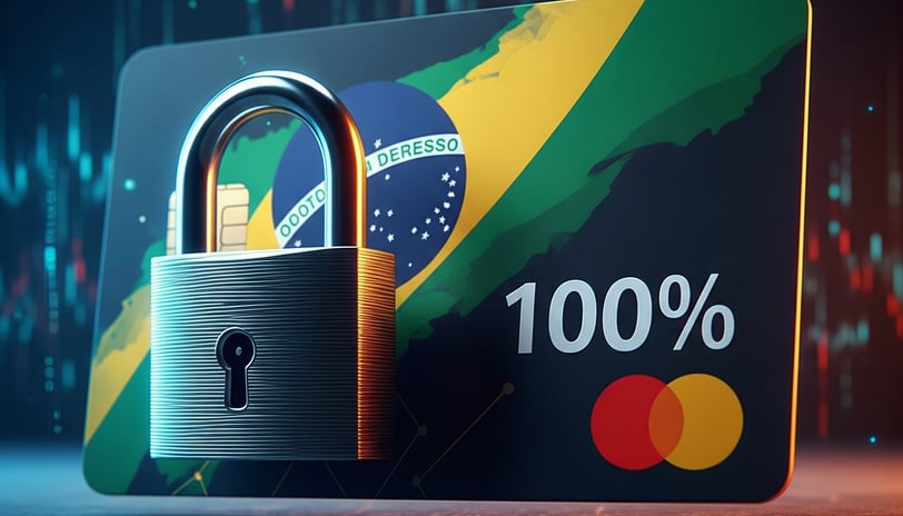 cartão de credito com a bandeira do brasil cobrindo ele e um cadeado na frente