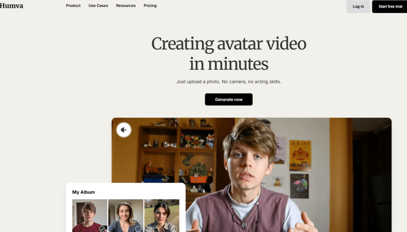 Humva Ai webpage of creating avatar video in minutes