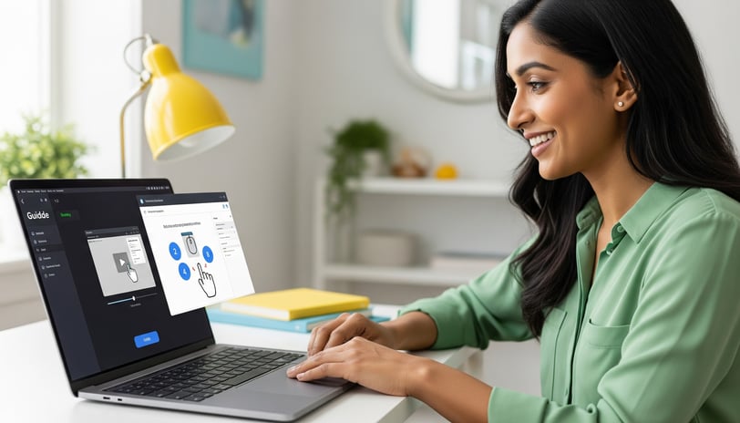 Woman creating a step-by-step video tutorial on a laptop using Guidde's AI interface.