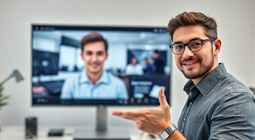 a man in glasses and a shirt is pointing at a video conference