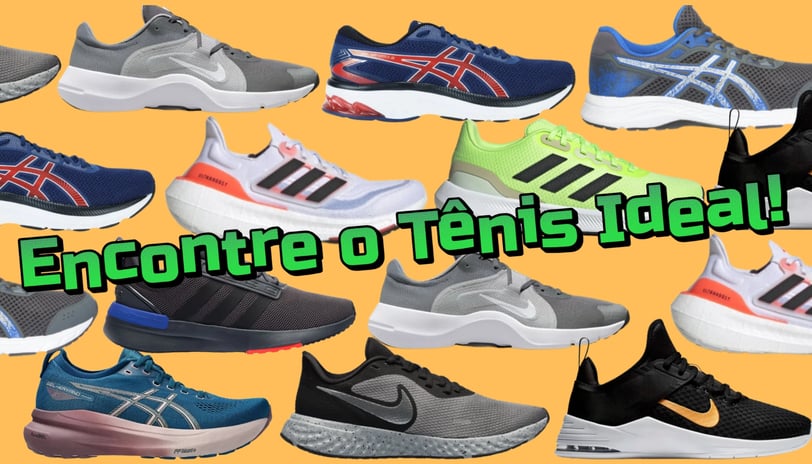 a bunch of different types of shoes and sneakers, with words, encontre o tênis ideal