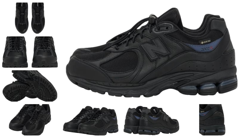 a pair of black shoes with different sneakers, New Balance 2002R Gore Tex with collab by JJJJound