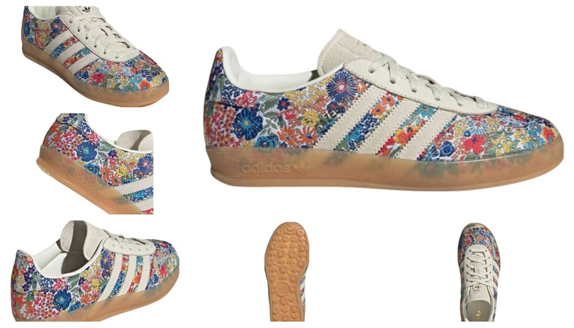 a pair of adidas Gazelle sneakers with a colorful floral print