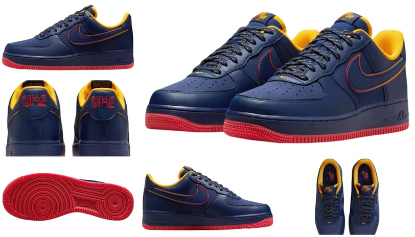 a collection of different  sneakers, Nike Air Force 1 Navy Gold Retro Pack