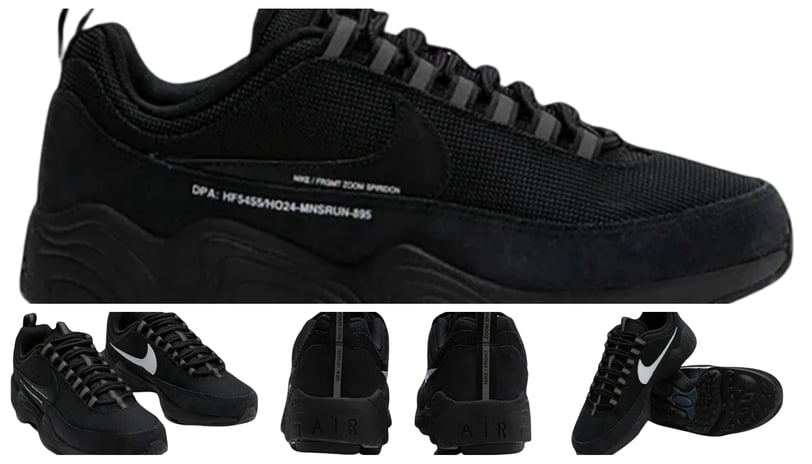 a pair of black sneakers with white and black sneaker , Nike Air Zoom Spiridon Black