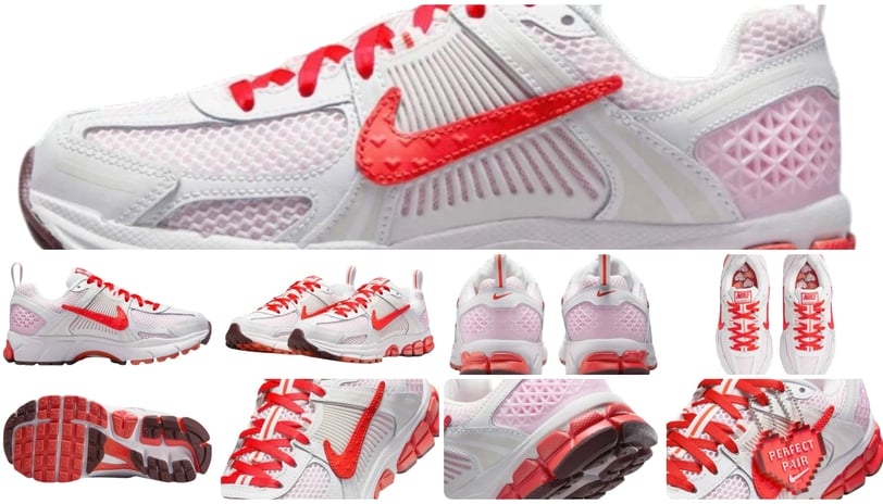  a pair of sneakers with red and white, Nike Zoom Vomero 5 GS
