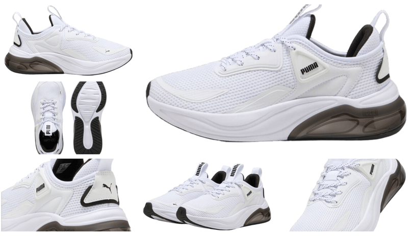 a collage of a variety of different of sneakers, Puma Cell Thrill , white and black
