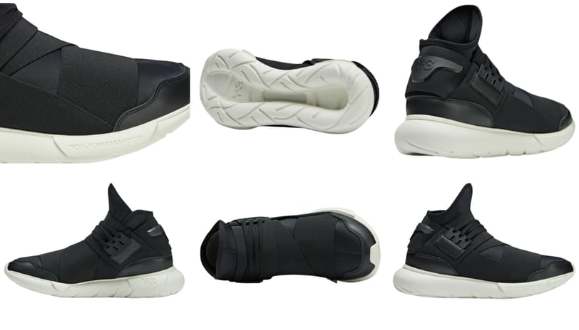 a collection of different sneakers black with off-white sole, adidas Y-3 Qasa.