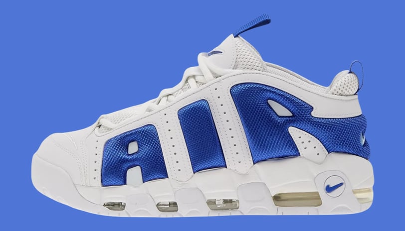a white and blue, Nike Air more Uptempo sneaker.